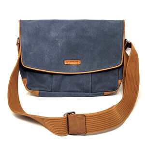 Timbuk2 Distilled Collection Proof Messenger Bag Blue Canvas Tan Leather Trim